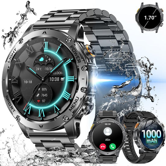 Heren Smartwatch Militairstijl met 1100 mAh Accu, 1,7 Inch AMOLED Display, LED Zaklamp, IP68 Waterdicht, Fitness Horloge met Belfunctie, 110+ Sportmodi, Hartslag/Slaapmonitoring, Compatibel met iOS en Android