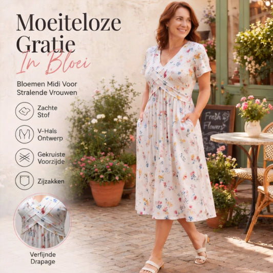 🔥 50% KORTING ✨Bloemenjurk met V-hals en handige zakken – want ook elegant mag makkelijk zijn.👗