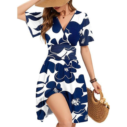 ☀️🌸 ZOMERUITVERKOOP — 55% KORTING 👗 Dames Ruche Mouw Zomerjurk – Flatterende V-hals, Wikkelstijl & Rekbare Gerimpelde Rug ✨