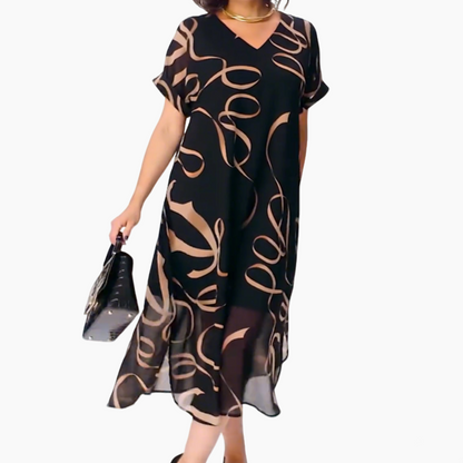 🌟 50% KORTING! 👗 Soepel vallende midi-jurk met diep V-hals – Dubbellaags, kreukvrij & verstelbare strik – Zwart, S–5XL – Perfect voor brunch, vakantie & avondjes uit ✨