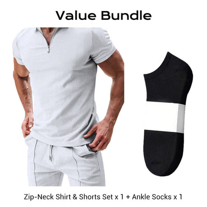 🎁2026 Nieuw binnen 50% KORTING💥Zomerse casual set met shirt met ritskraag en korte broek