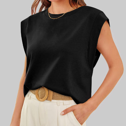 Effen kleur top met ronde hals en kapmouwen