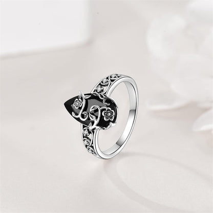 💎50% Korting💍 Een ring met filigraan opengewerkt patroon, zwarte druppelsteen en strass accenten in boheemse stijl – Vintage Bloemenrank Ring | Legeringmetaal | Zilverkleurig | Maten 6–11 💍✨