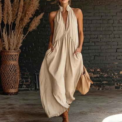 🌴 50% Korting – Zomerse Maxi-Jurk met Halternek & V-hals | Elegant, Luchtig & Perfect voor Vakantie