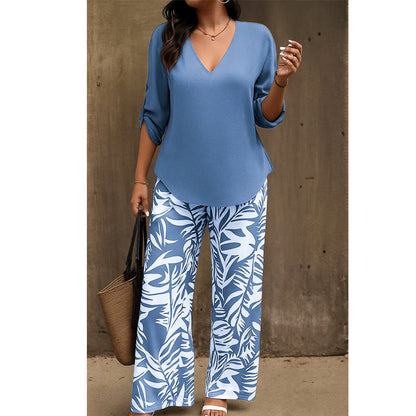 🥳 2026 MEGA-UITVERKOOP: 50% KORTING! 🥳 💞Dames set: blouse met V-hals en bedrukte broek met wijde pijpen