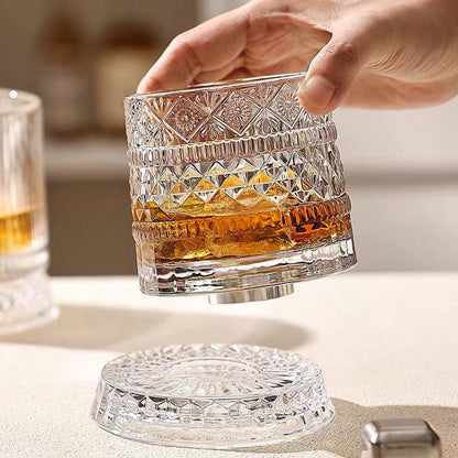 🎉【Aanbieding】🥃✨360° Draaibaar Whiskyglas | 300 ml | Loodvrij Glas | Geëmbosseerde Patronen | Stabiele Basis🍸