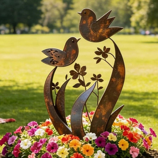 Rustieke metalen tuinpaal met vogel- en bloemmotief