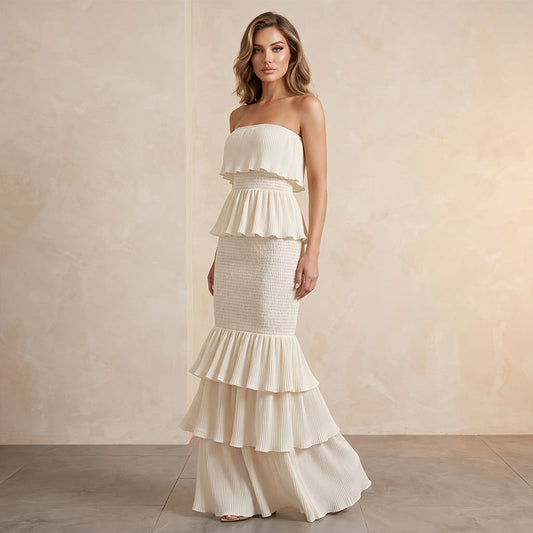 Dames Strapless Gelaagde Ruche Gesmockte Jurk