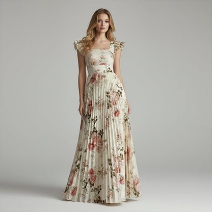 🌸2026 Nieuw Binnen👗Elegante Bloemenprint Geplooide Maxi-jurk✨Romantische Vierkante Hals, Ruche Mouwen & Vloeiende Bloemrok🌷
