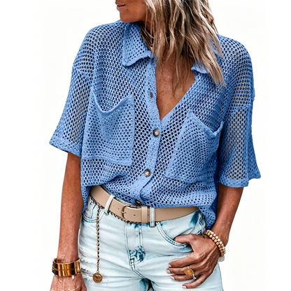 👚 50% KORTING ✨ Gebreid overhemd met knopen en korte mouwen – Opengewerkte stof, borstzakken en een luchtige pasvorm – Perfect voor een casual of chique zomerse look – comfortabel en ademend 🧶