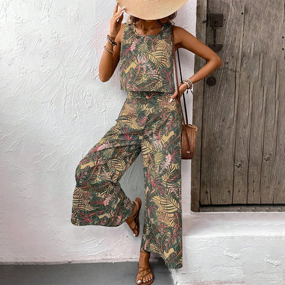Gedrukte tweedelige set – mouwloze top & broek met wijde pijpen