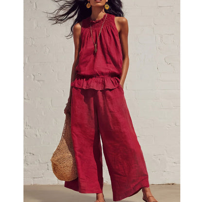 👗 TIJDELIJKE AANBIEDING: 50% KORTING! ✨ Vrouwen gerimpeld tweedelig setje – Smokken hals, relaxte pasvorm, vakantiestijl 🌺