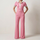 2-delige set met shirt & broek voor dames – Klassieke V-hals, high-waisted flared broek & ultrazachte mix – Van werk tot weekend