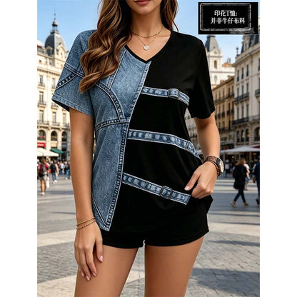 Chique T-shirt met denimprint, V-hals en korte mouwen voor dames