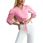 Elegante Damesblouse met V-hals en Strikceintuur