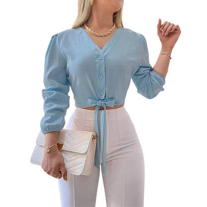 Elegante Damesblouse met V-hals en Strikceintuur