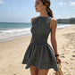 Mouwloze Gingham Gesmockte Mini Jurk