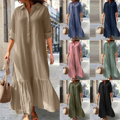 👗 TIJDELIJK 50% KORTING! ✨ Dames Vintage Revers Hals Lange Jurk – Asymmetrische Zoom, Zachte Stof, Tijdloze Stijl 🌸