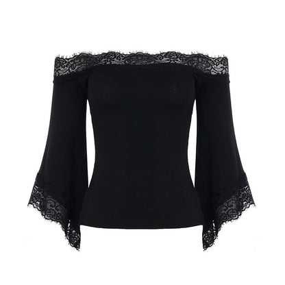 Dames Chic Zwart Strak Passend Off-Shoulder Flare Mouw T-Shirt