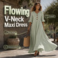 poeak™ Dames V-hals Losse Maxi Jurk – Vloeiend Silhouet & Dagelijks Comfort