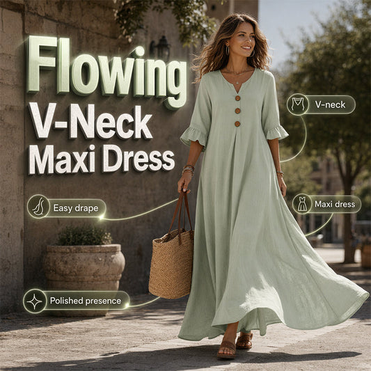 poeak™ Dames V-hals Losse Maxi Jurk – Vloeiend Silhouet & Dagelijks Comfort