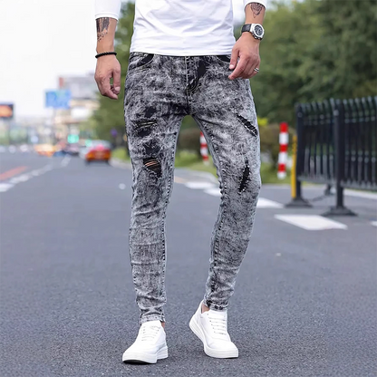 Heren Slim Fit Gescheurde Jeans Stretch Versleten Denim Broek
