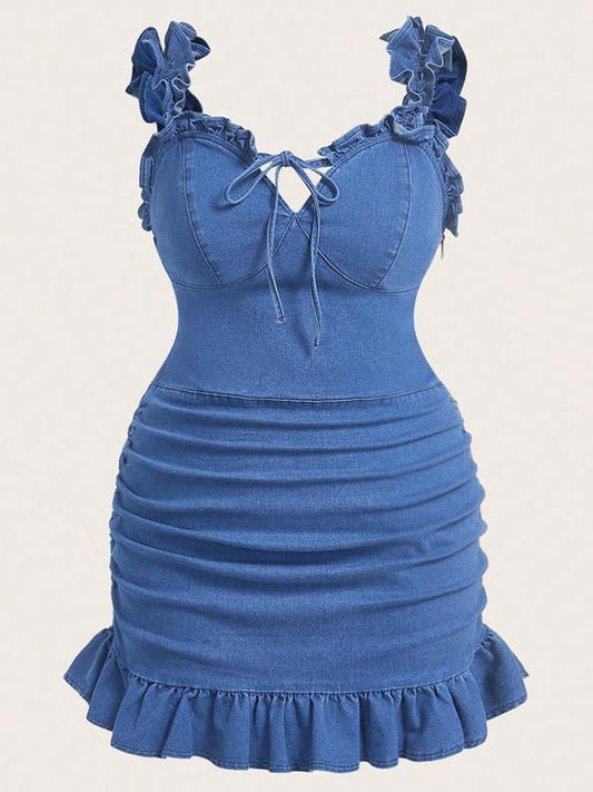 Grote Maten Gerimpelde Zoom Denim Jurk met Ruches voor Dames