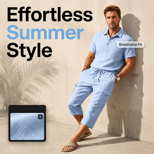 Heren Zomer Linnen Set Losse Shirt en Cargo Shorts Tweedelig Outfit