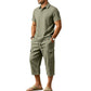 Heren Zomer Linnen Set Losse Shirt en Cargo Shorts Tweedelig Outfit