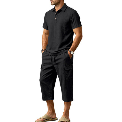 Heren Zomer Linnen Set Losse Shirt en Cargo Shorts Tweedelig Outfit