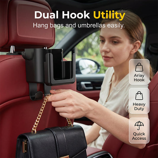 🚗 Multifunctionele Autostoel Haak met Bekerhouder 📱 Telefoonhouder & Handige Opberging voor de Hoofdsteun