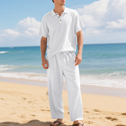Casual herenoverhemd en -broek van linnenmix, losse pasvorm, strandkleding