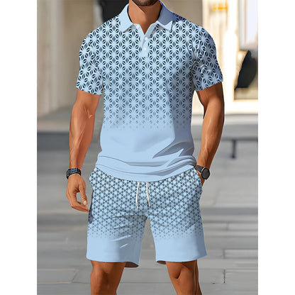 Heren Geometrische Print Gekraagde Top & Shorts Set