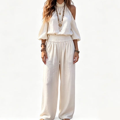 Dames Cold Shoulder Halter Top en Wijde Broek Set