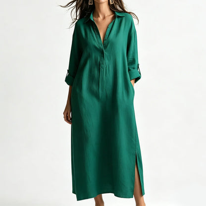 Dames Losse Katoen Linnen Shirt Maxi Jurk