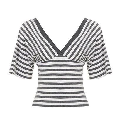 Dames Gestreept V-Hals Korte Mouw Crop Top