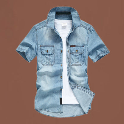 Heren Casual Denim Korte Mouw Overhemd