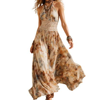 Dames Halter Neck Boho Maxi Jurk