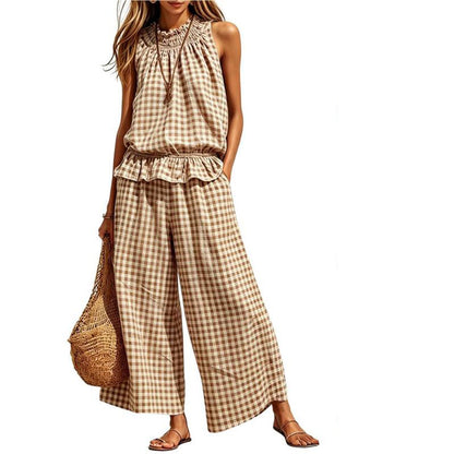 Dames Zomer Geruite Tweedelige Set Ruche Mouwloze Top en Wijde Pijp Broek
