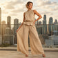 Dames Zomer Geruite Tweedelige Set Ruche Mouwloze Top en Wijde Pijp Broek
