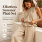 Dames Zomer Geruite Tweedelige Set Ruche Mouwloze Top en Wijde Pijp Broek