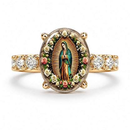 Vintage Gouden Maagd Maria Ovale Kristallen Ring