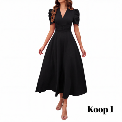 🥳2026 HOT UITVERKOOP🥳💞MEER DAN 50.000 VERKOCHT!💥💕🌿 50% KORTING! Elegante jurk met pofmouwen – V-hals en hoge taille creëren een zandloperfiguur. Ademend, kreukvrij. Perfect voor volwassen vrouwen. 👗✅