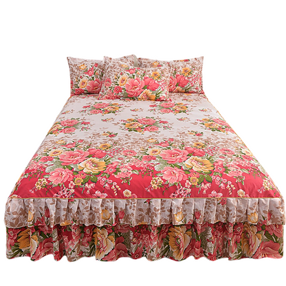 🌸 -50% !    🛏️ Bloemen bedrokset met ruches, 2 kussenslopen en 5 maten