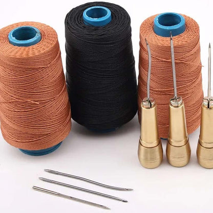 Leer, canvas en dikke stoffen naaien zonder naald die buigt of knapt – Naaipriemset met Koperen Handgreep | Verwisselbare Stalen Naalden | Gewaxt Garen | 3 of 4 Naalden 🧵🔧
