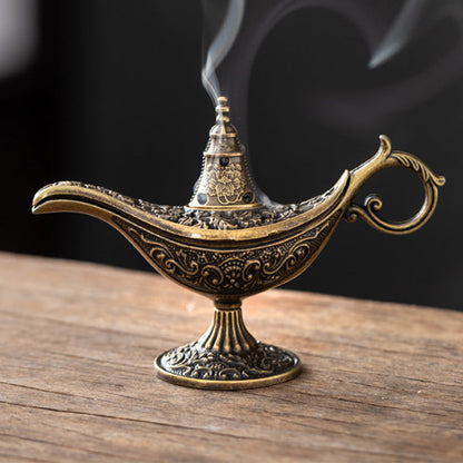 🪔Een wierookbrander in de vorm van een Aladdin-toverlamp als decoratief object en geurverdeler – Retro Metalen Wierookbrander | 9 cm | Cyaan of Goud | Woon- & Meditatie-accessoire 🕎✨