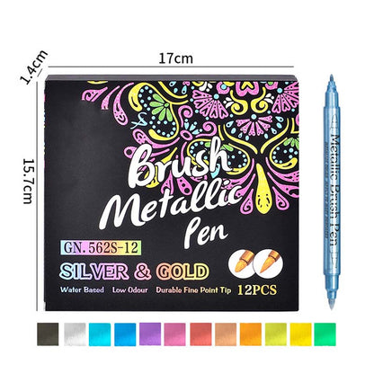 Metallic stiften die glinsteren op papier, glas, steen, hout en keramiek – Metallic Markeerset | 12 of 24 Kleuren | Dual Tip, Harde Punt of Penseelpunt | 16 cm | Nylon+Vezel ✨🎨