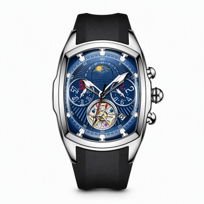 🕰️ Tonneau herenhorloge met chronograaf, skeleton-wijzerplaat, maanstand en siliconen band