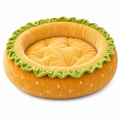 🍔Schattig huisdierenbed in de vorm van een hamburgerbroodje 🐾Warm, knus rond hondenbedkussen voor alle seizoenen
