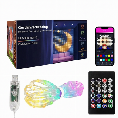 ⏳ Tijdelijke aanbieding⏳ LED lichtgordijn met appbediening Eigen patronen tekst en foto effecten Muzieksynchronisatie en USB voeding In drie formaten